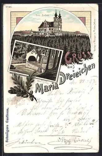 Lithographie Maria Dreieichen, Drei Eichen und Bründl Drei Eichen