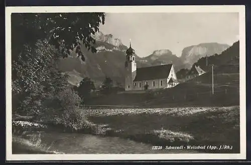 AK Schwendi, Weissbad, am Ufer neben der Kirche