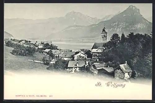 AK St. Wolfgang, Totalansicht mit Wasserblick und Bergpanorama