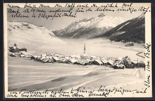 AK Zuoz, Ortsansicht im Winter mit Piz d`Esen