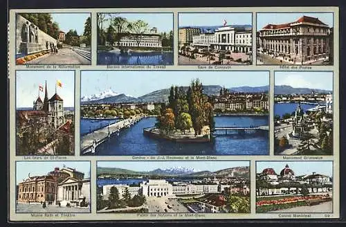 AK Genève, Gare de Cornavin, Hotel des Postes, Ile de J.-J. Rousseau et le Mont-Blanc, Les tours de St-Pierre