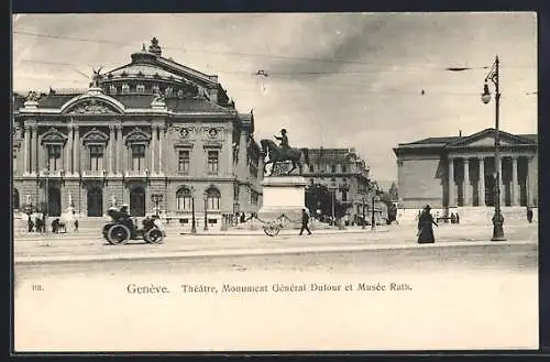AK Genève, Theatre, Monument General Dufour et Musée Rath