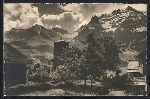 AK Adelboden, Ortspartie mi Bundespitz-Rheintonner-Nünihorn