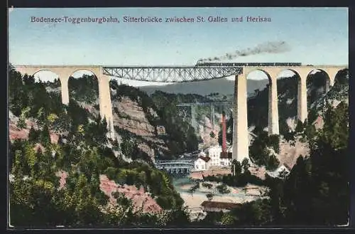 AK St. Gallen, Bodensee-Toggenburgbahn, Sitterbrücke zwischen St. Gallen und Herisau