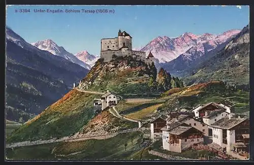 AK Tarasp /Unter-Engadin, Schloss Tarasp mit Ort und Bergpanorama