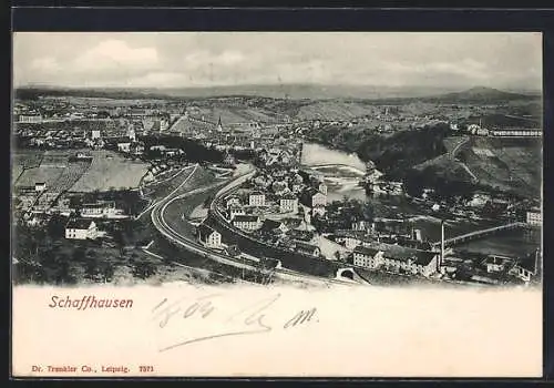 AK Schaffhausen, Gesamtansicht mit Bahnstrecke aus der Vogelschau
