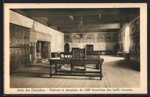 AK Chillon, Salle des Chevaliers, Plafond et cheminée de 1439 Armoiries des baillis bernois