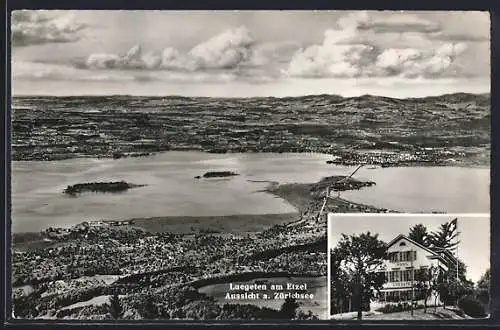 AK Pfäffikon /SZ, Hotel Luegeten am Etzel, Totale mit Zürichsee