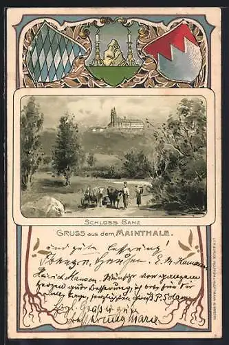 Passepartout-Lithographie Staffelstein / Mainthal, Schloss Banz im Mainthale mit geprägten Wappen