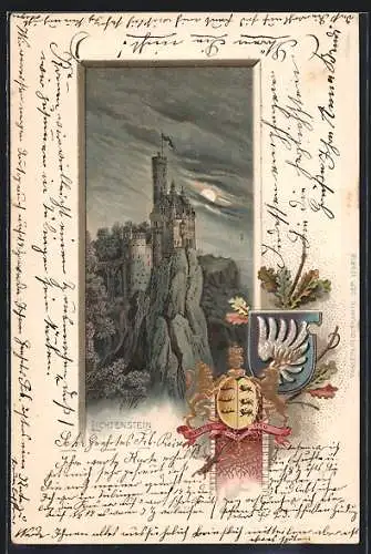 Passepartout-Lithographie Schloss Lichtenstein / Echaztal, Wappen