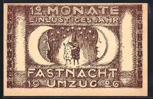 Künstler-AK Fastnachtsumzug 1926, Harlekine im Mondschein