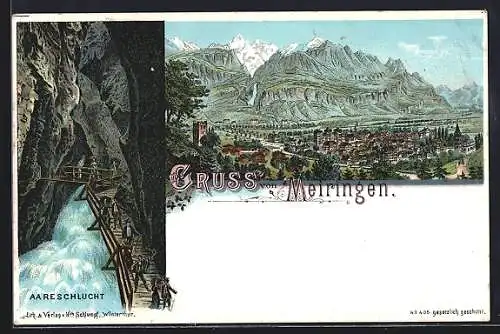 Lithographie Meiringen, Aareschlucht, Gesamtansicht