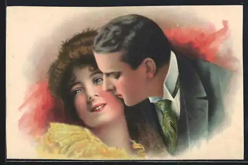 AK Herr küsst Dame auf die Wange, Art Deco