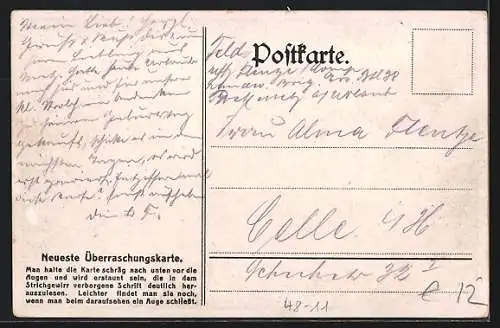 AK Optische Täuschung, Schrift bei Schiefhalten der Karte, Reichsfahnen