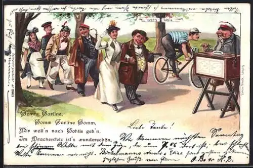 Lithographie Leierkasten-Spieler an der Strasse mit Passanten