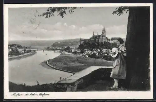 AK Meissen / Elbe, Teilansicht und Frau mit Laute