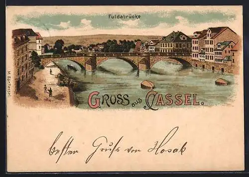 Lithographie Cassel, Fuldabrücke mit Uferpartie, vom Wasser gesehen