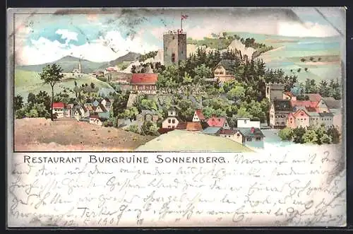 Lithographie Sonnenberg / Wiesbaden, Restaurant Burgruine, Gesamtansicht mit Turm und Bergpanorama
