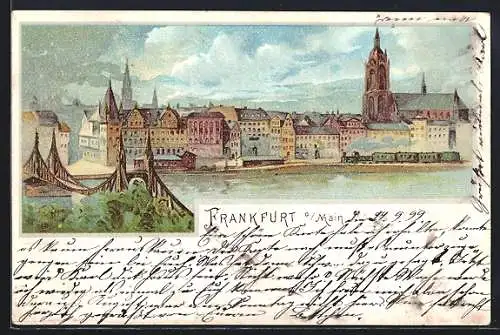 Lithographie Frankfurt a. M., Stadtansicht mit Brücke