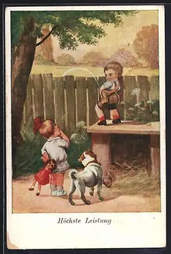 Künstler-AK H. Zahl: Kannst du das auch?, Scherz, Bub beeindruckt Mädchen mit fantastischen Urinierkünsten