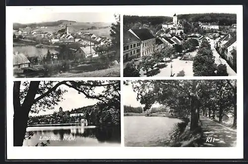 AK Litschau /N.Oe., Promenade am Wasser, Platz mit Denkmal, Uferpartie, Ortsansicht