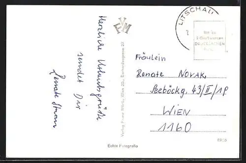 AK Litschau /N.Oe., Promenade am Wasser, Platz mit Denkmal, Uferpartie, Ortsansicht