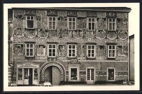 AK Retz, Sgrafittohaus mit Adolf Rebak`s Feinkosthandlung