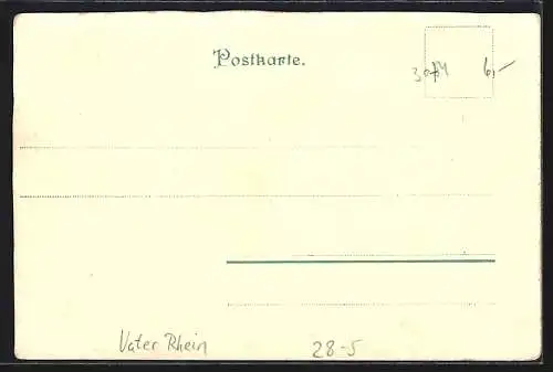 Lithographie Rüdesheim / Rhein, Burg Ehrenfels, Vater Rhein mit Füllhorn