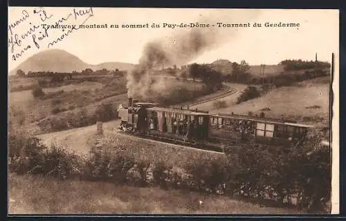 AK Le Puy-de-Dome, Tramway montant au sommet, Tournant du Gendarme