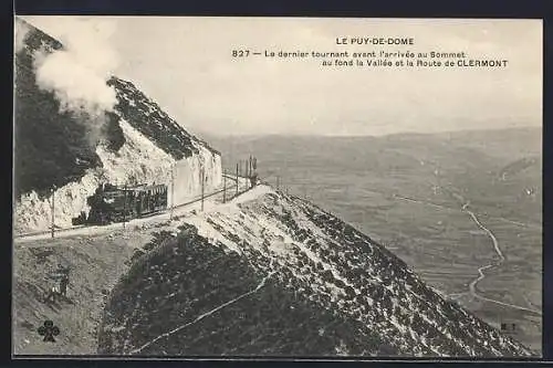 AK Le Puy-de-Dome, Le dernier tournant avant l`arrivée au Sommet, au fond la Vallée et la Route de Clermont