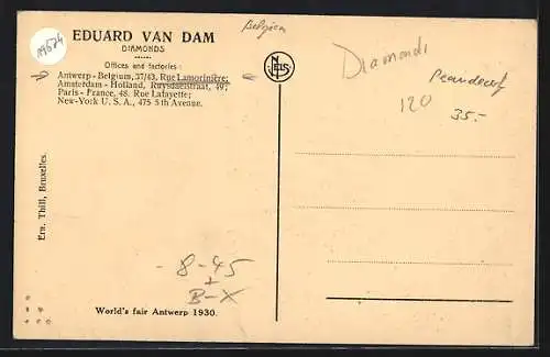 AK Antwerpen, World`s Fair 1930, Taillerie Ed. van Dam