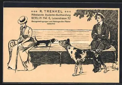 Künstler-AK Berlin, Studenten-Buchhandlung R. Trenkel, Luisenstrasse 52, Student mit Hund begegnet einer Dame im Park