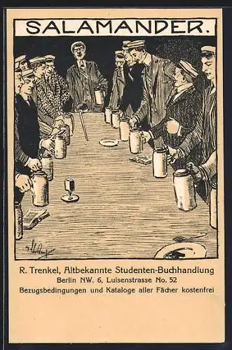 Künstler-AK Berlin, Studenten-Buchhandlung R. Trenkel, Luisenstrasse 52, Salamander