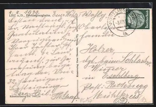 Künstler-AK Linz a. D., Pöstlingbergbahn im Frühling, Ortspartie