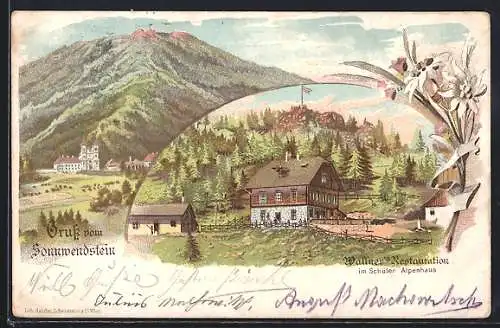 Lithographie Schottwien, Wallners Restauration im Schüler Alpenhaus auf dem Sonnwendstein