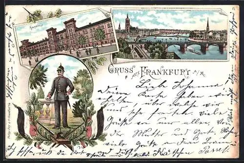 Lithographie Frankfurt a. M., Kaserne, Soldat in Uniform, Panoramablick