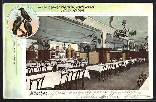 AK München, Hotel-Restaurant Drei-Raben, Innenansicht, Schillerstrasse 6