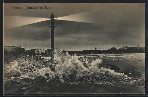 AK Kolberg, Molenkopf bei Sturm, Leuchtturm