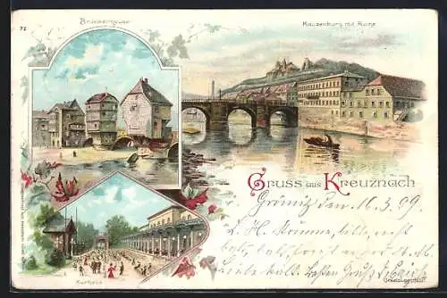 Lithographie Bad Kreuznach, Kreuzburg mit Ruine, Brückenhäuser, Kurhaus