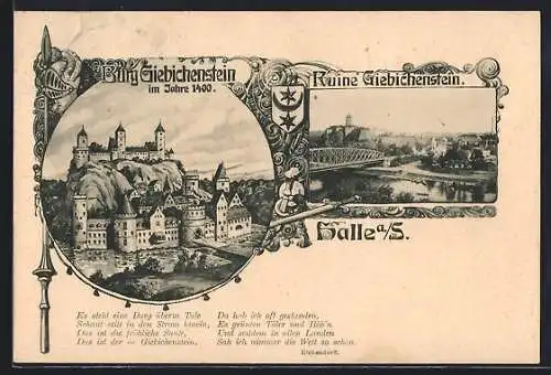 AK Halle / Saale, Burg Giebichstein 1400, Ruine Giebichstein, Spruch, Wappen