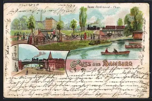 Lithographie Hamburg-Neustadt, Neues Ferdinand-Thor, Neue Bahnbrücke b. d. Esplanade