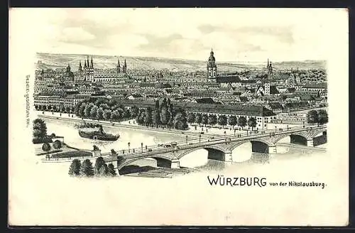 AK Würzburg, Panorama mit Brücke und Dampfer von der Nikolausburg aus gesehen