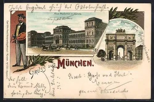 Lithographie München, Neue Akademie der Künste, Siegesthor