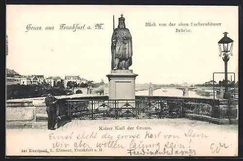 AK Frankfurt-Sachsenhausen, Blick von der alten Sachsenhäuser Brücke mit Kaiser Karl dem Grossen