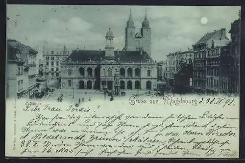 Mondschein-AK Magdeburg, Rathaus mit Denkmal aus der Vogelschau