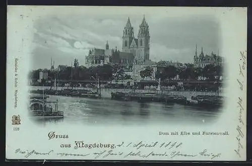 Mondschein-AK Magdeburg, Dom mit Elbe und Fürstenwall