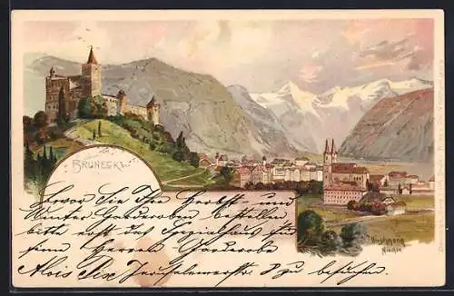 Künstler-AK sign. Hirschmann: Bruneck, Ortsansicht aus der Vogelschau mit Bergpanorama