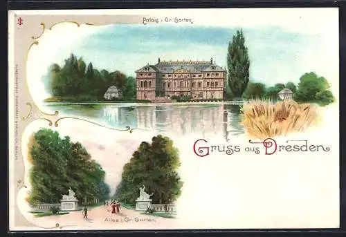 Lithographie Dresden, Palais im Gr. Garten, Allee im Gr. Garten