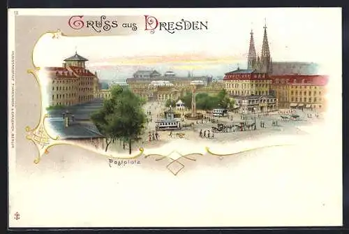 Lithographie Dresden, Motiv vom Postplatz gegen die Kirche