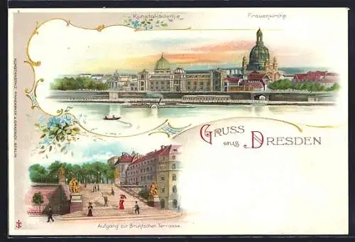 Lithographie Dresden, Aufgang zur Brühl`schen Terrasse, Frauenkirche und Kunstakademie